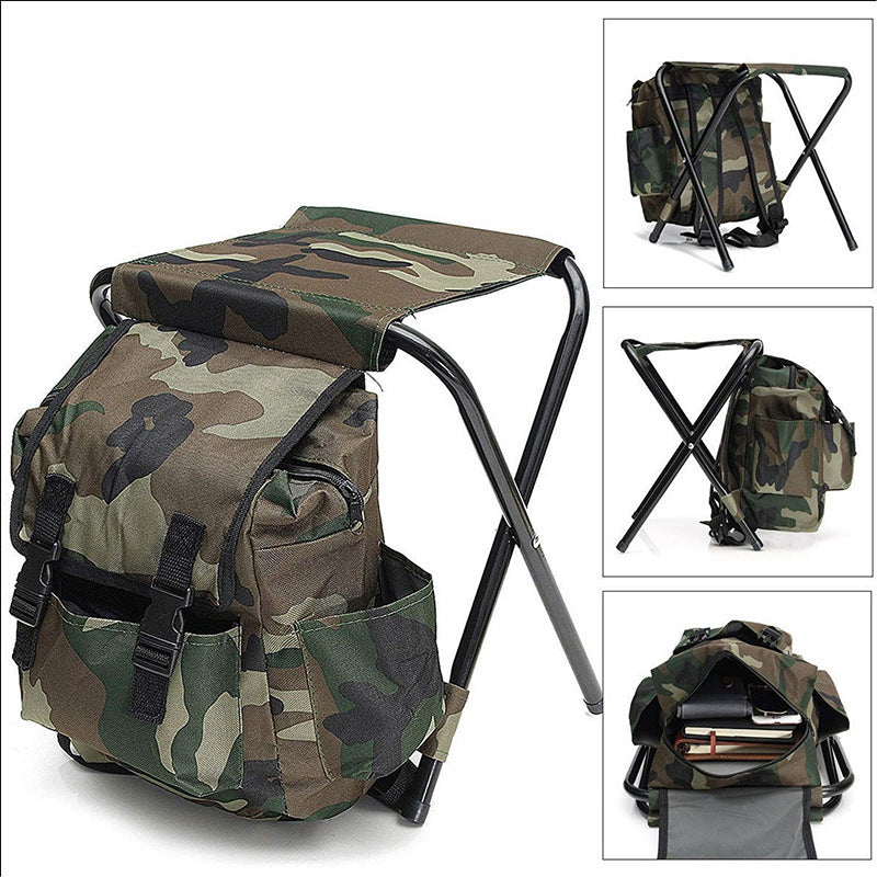 Camouflage backpack with folding stool and multiple pockets on a white background