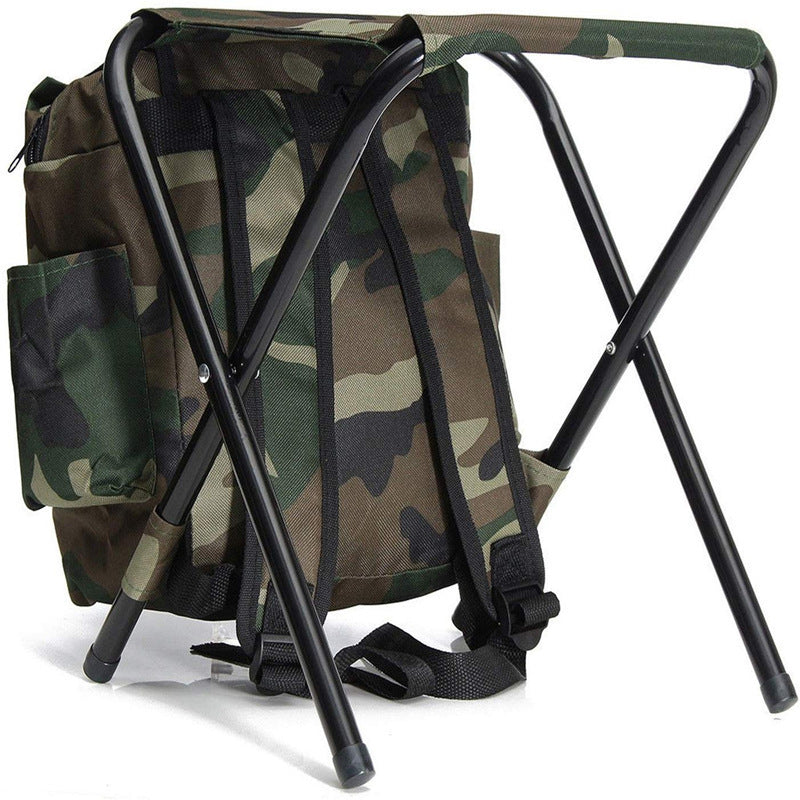 Camouflage backpack with a folding chair attached on a white background