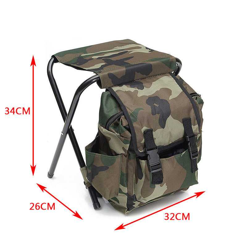 Camouflage backpack with dimensions indicated on a white background