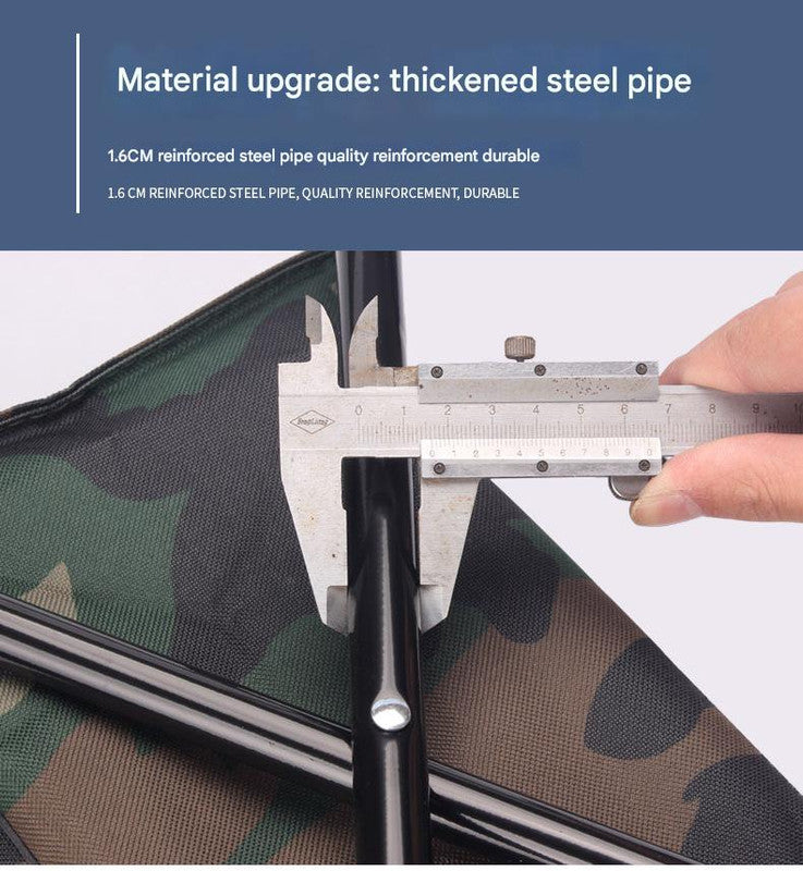 Measurement of a thickened steel pipe using a caliper against a camouflage-patterned background.