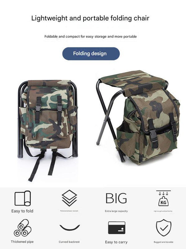 Camouflage folding chair with backpack straps on a white background