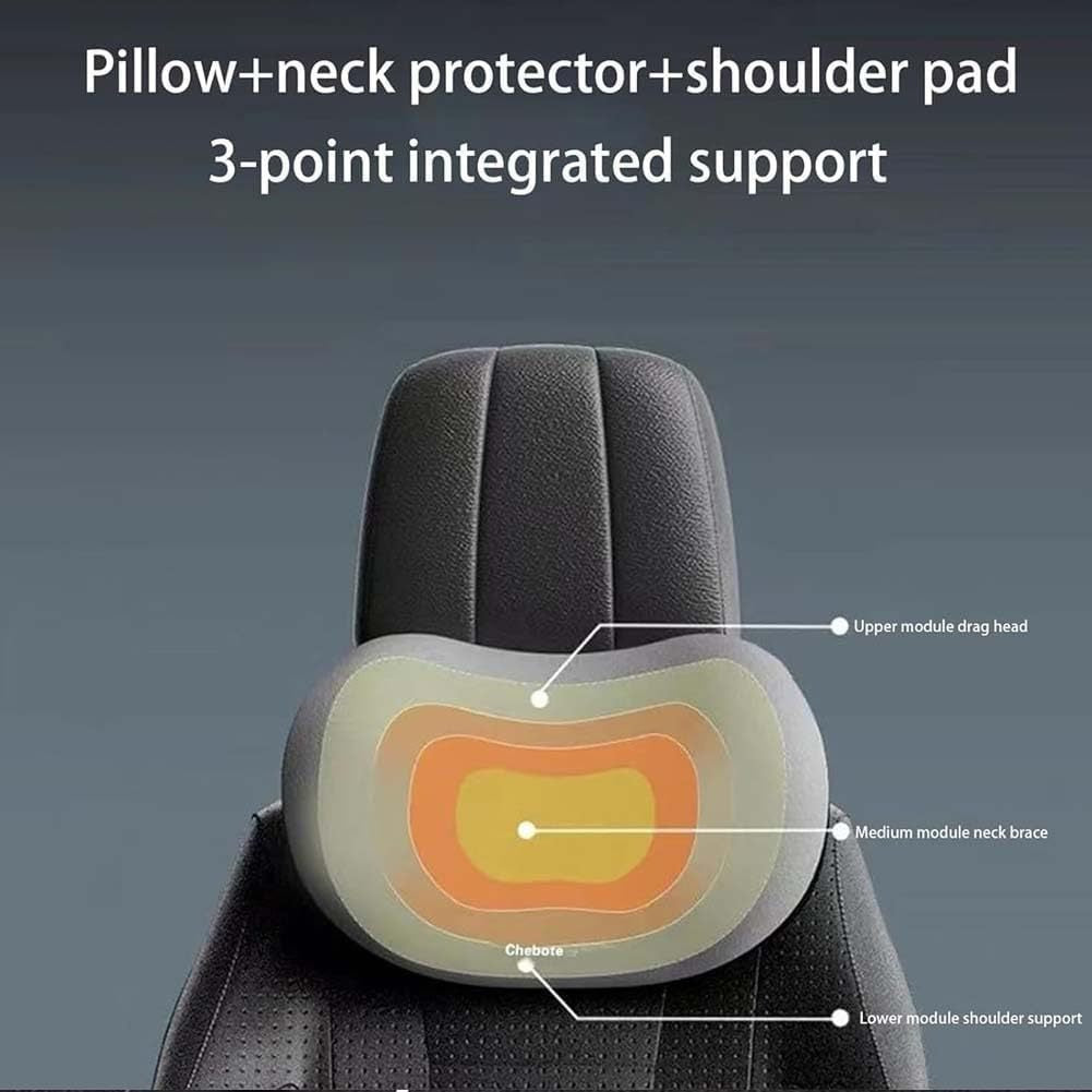 Car headrest with integrated pillow, neck protector, and shoulder pad on a dark background