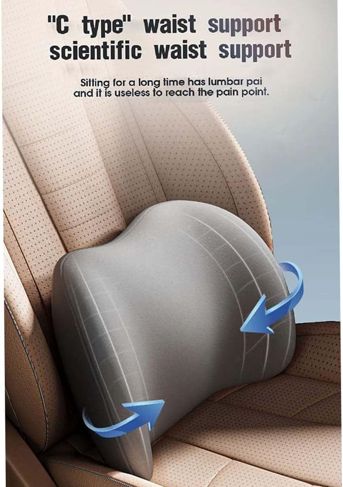 Car seat with a C-shaped waist support pillow and text about scientific waist support.