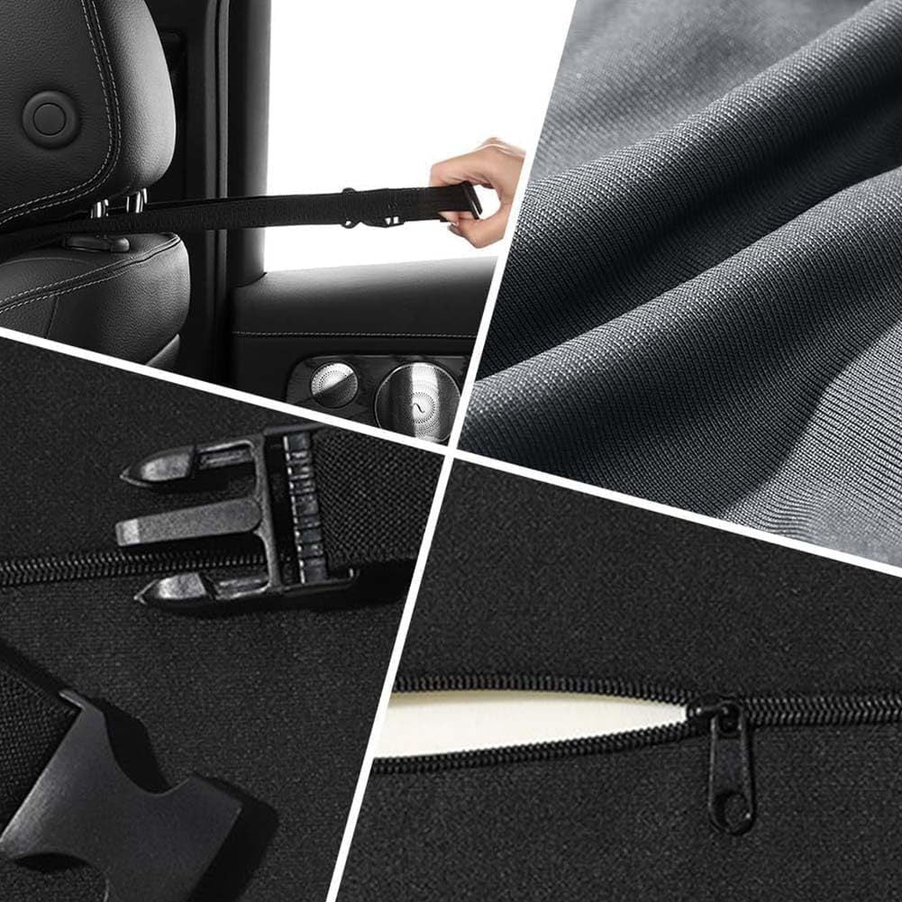 Collage of car seat cover installation and details, including a hand adjusting the cover and close-up views.