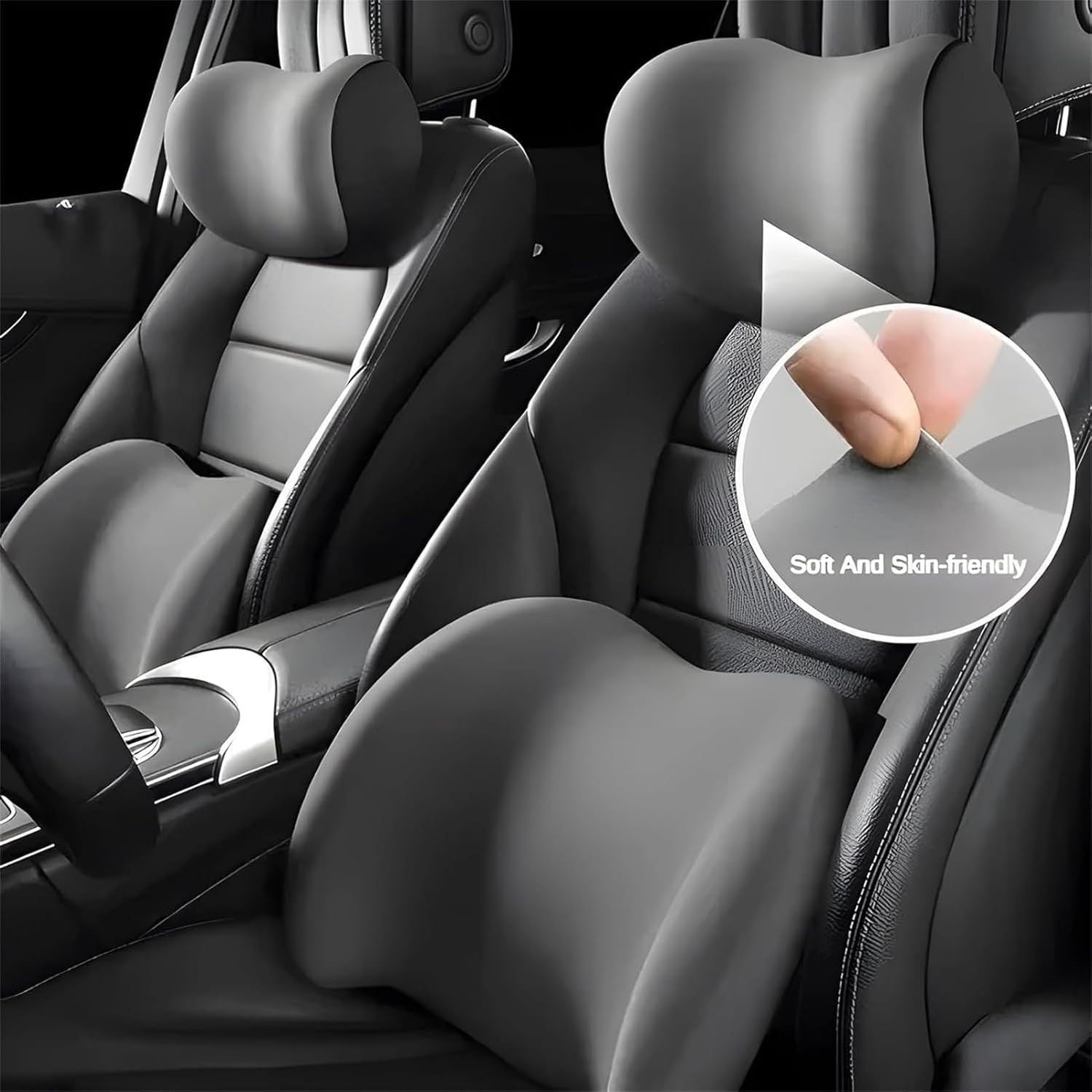 Car interior with black leather seats and a close-up of softness and skin-friendliness.