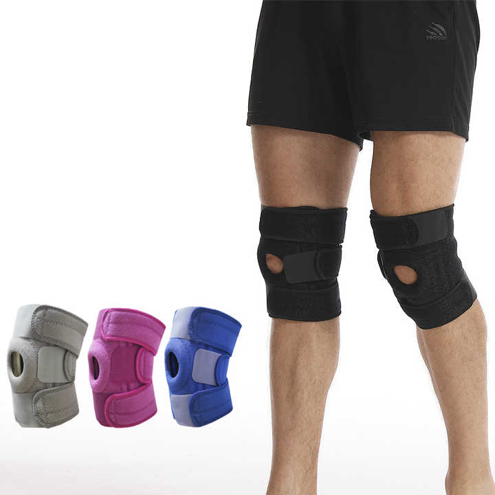 Person wearing black knee pads with three additional knee pads displayed below on a white background.
