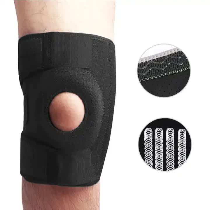 Black knee brace on a person's knee with close-up insets showing material texture and design details.