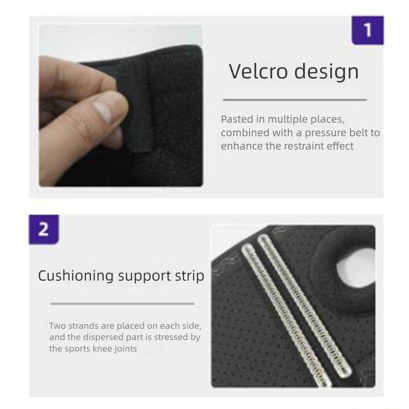 Black knee support with velcro design and cushioning support strip, shown on a white background.