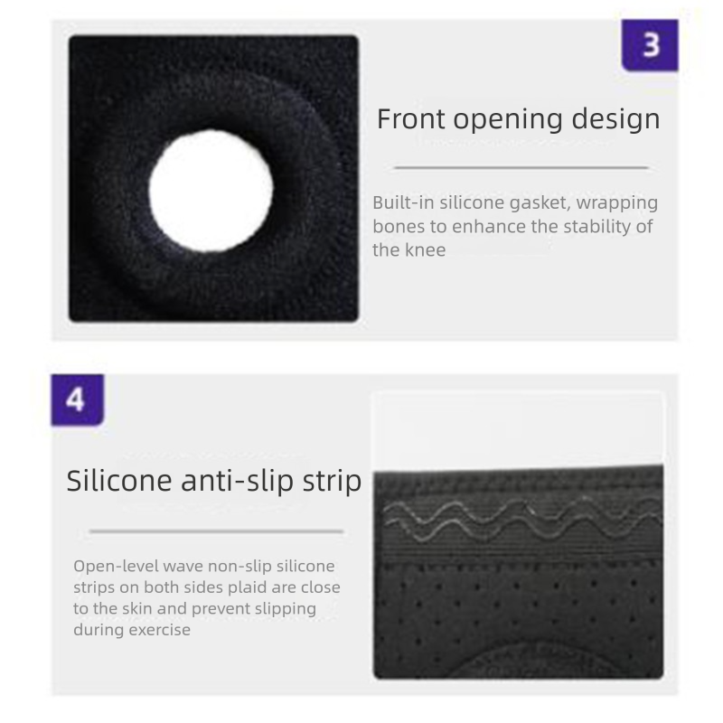 Black knee support with front opening design and silicone anti-slip strip on a white background
