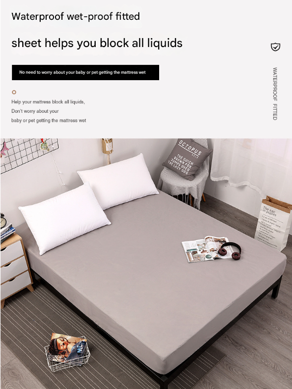 Gray waterproof mattress cover on a bed with text highlighting its features.