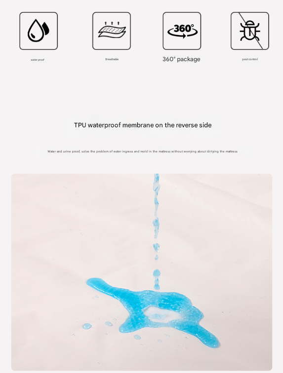 Product packaging with waterproof membrane feature illustration and icons on a white background