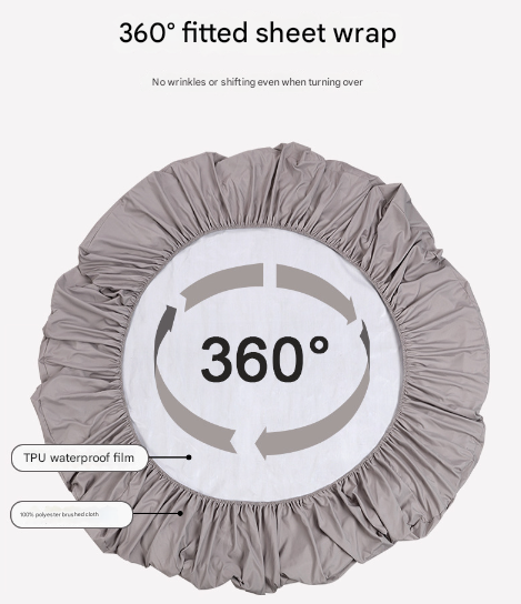 Gray 360° fitted sheet wrap with text on a white background