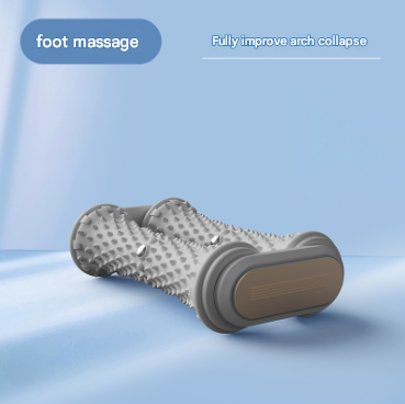 Foot massage device on a light blue background with text about improving arch collapse.