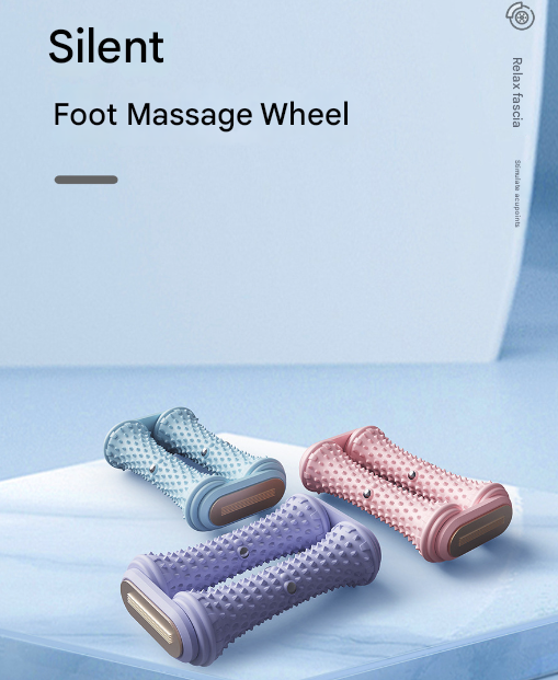 Three foot massage wheels in blue, pink, and purple on a light blue background with 'Silent' text above.