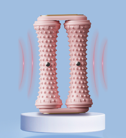 Pink textured roller device on a white platform with a blue background