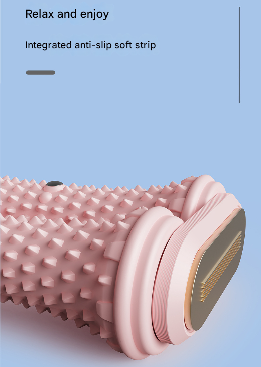Pink massage roller with textured surface on a light blue background