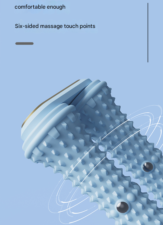 Blue massage roller with text on a light blue background
