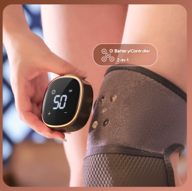 Digital controller being held over a knee brace with text indicating 'Battery/Controller 2-in-1'.