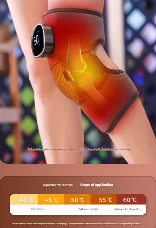 Heated knee brace with digital display on a blurred background