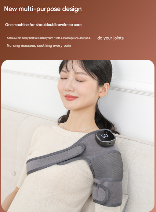 Woman using a shoulder massager with text about its multi-purpose design and benefits.