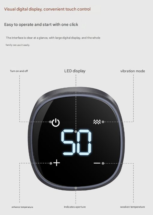 Digital display with touch control features on a white background