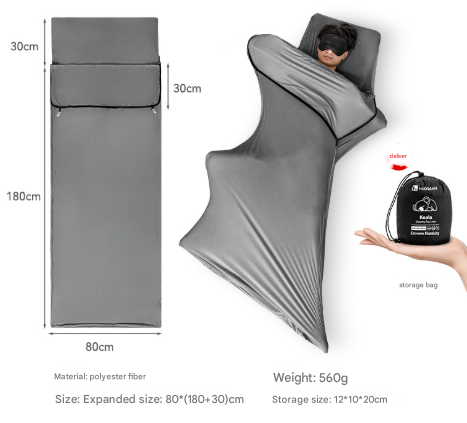 Compact sleeping bag with dimensions, weight, and storage bag shown