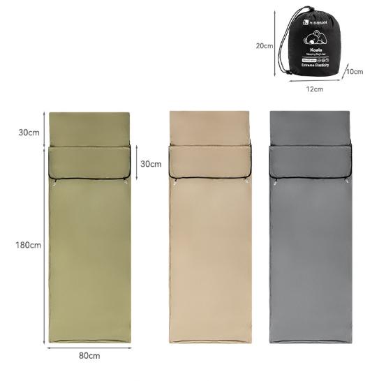 Three sleeping bags in different colors with measurements on a white background
