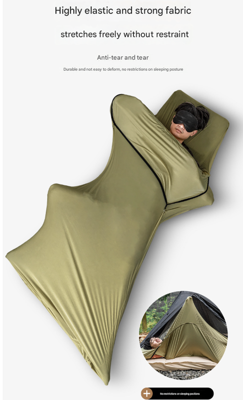 Person lying in a green sleeping bag with text about fabric properties on a white background