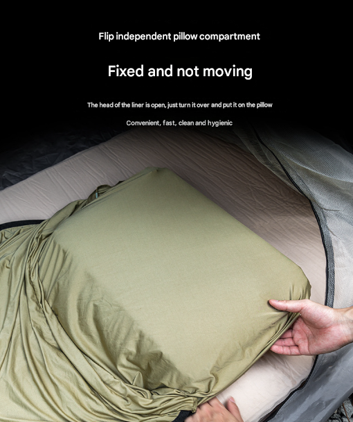 Person opening a green independent pillow compartment on a bed