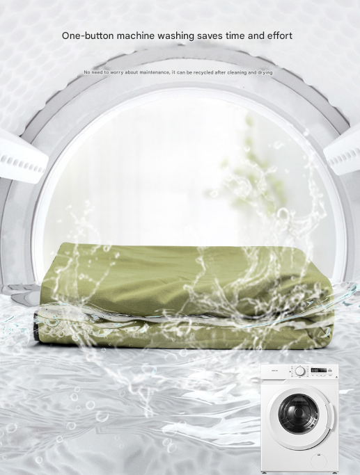 Washing machine with a green garment being washed, water splashing around, and text about time-saving and effort-saving.