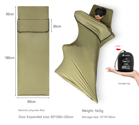 Olive green sleeping bag with dimensions, weight, and storage bag shown on a white background