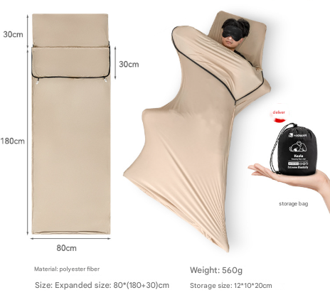 Beige sleeping bag with dimensions, weight, and storage bag displayed.