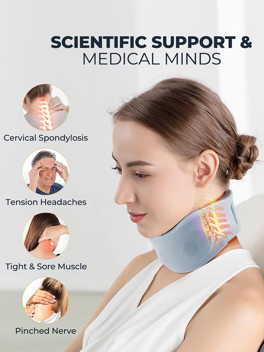Woman wearing a neck brace with scientific support and medical benefits text above her.