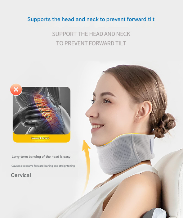 Woman wearing a cervical neck support device with text explaining its benefits on a light gray background.