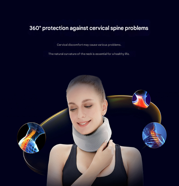 Woman wearing a neck brace with cervical spine diagrams on a dark background