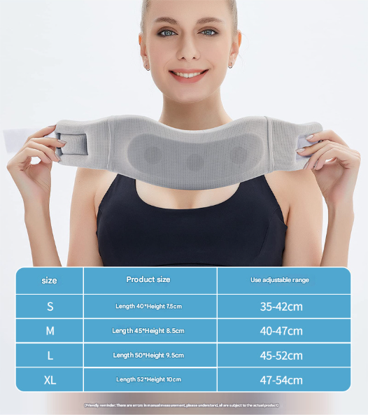 Woman wearing a gray shoulder brace with size chart on a white background