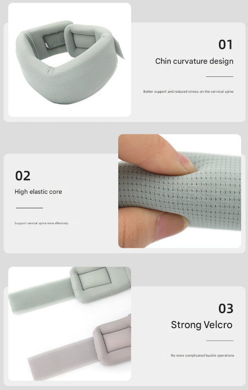 Neck pillow with chin curvature design, high elastic core, and strong velcro on a gray background.