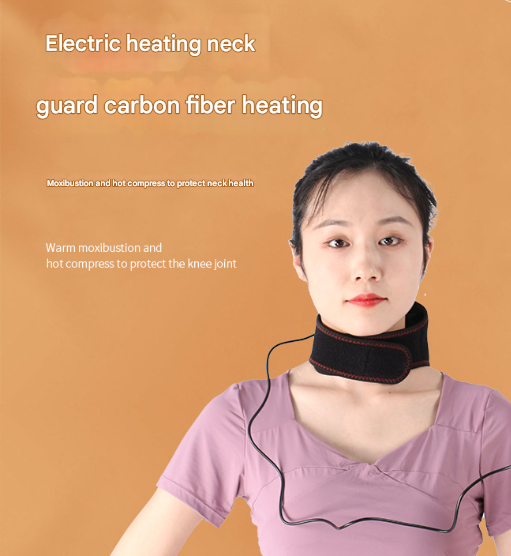 Person wearing an electric heating neck guard with text on a brown background