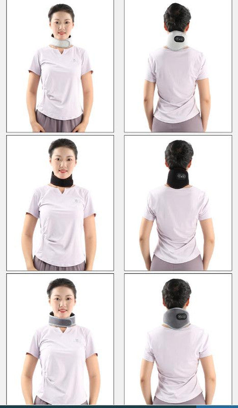 Person wearing a neck brace in multiple poses to show its use.