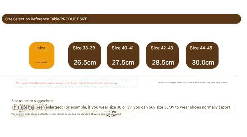 Size selection reference table for shoes with measurements in centimeters.