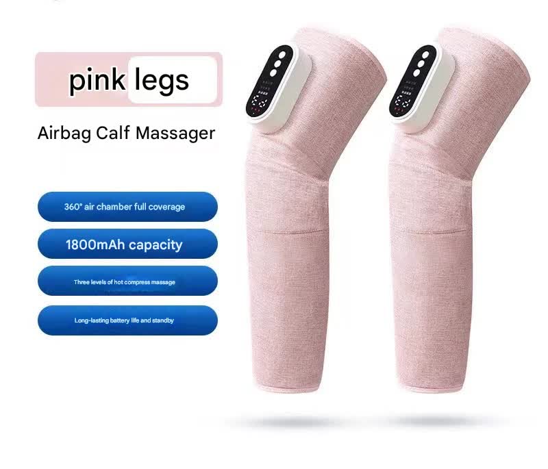 Pink airbag calf massager with control buttons on a white background