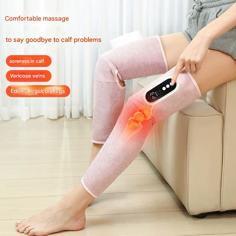 Person using a leg massager with text highlighting its benefits for calf problems.