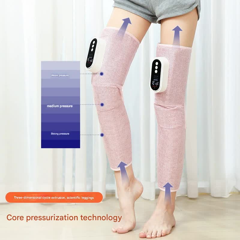Person wearing pink leg compression sleeves with pressure indicators on a white background