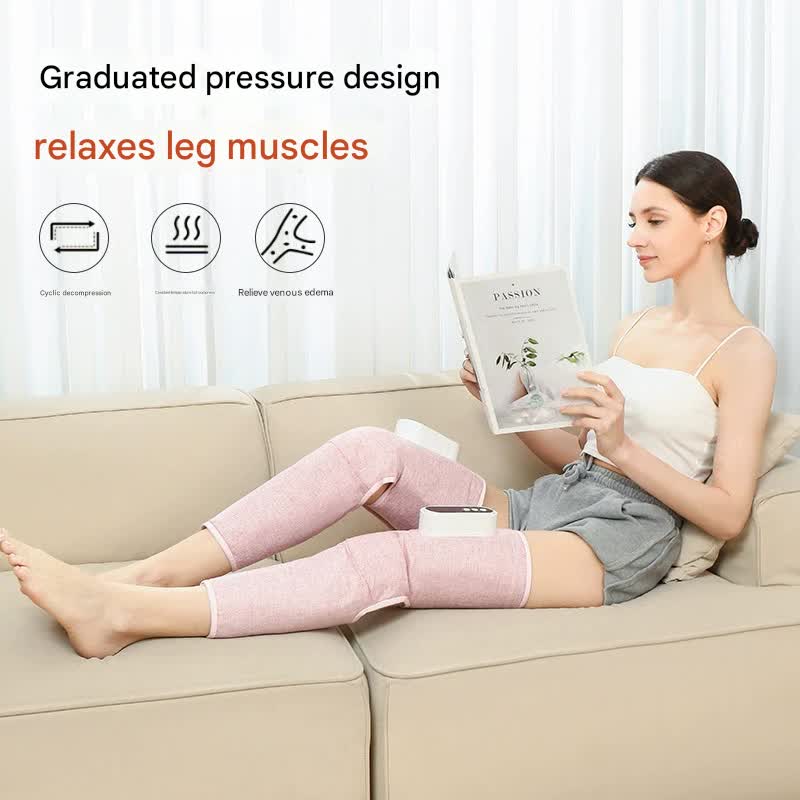 Woman wearing compression stockings while reading a magazine on a couch, with text about graduated pressure design.