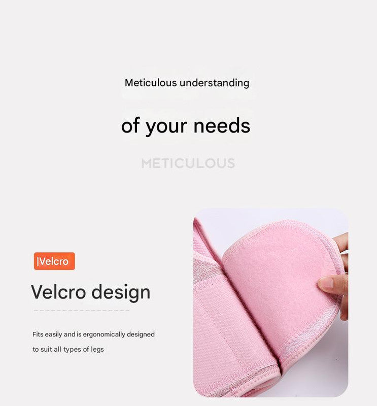 Pink compression stocking with text about Velcro design and fitting.