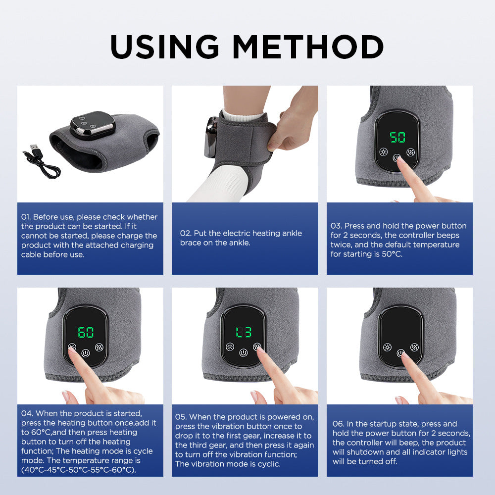 Step-by-step guide on using an electric heating ankle brace with digital display.