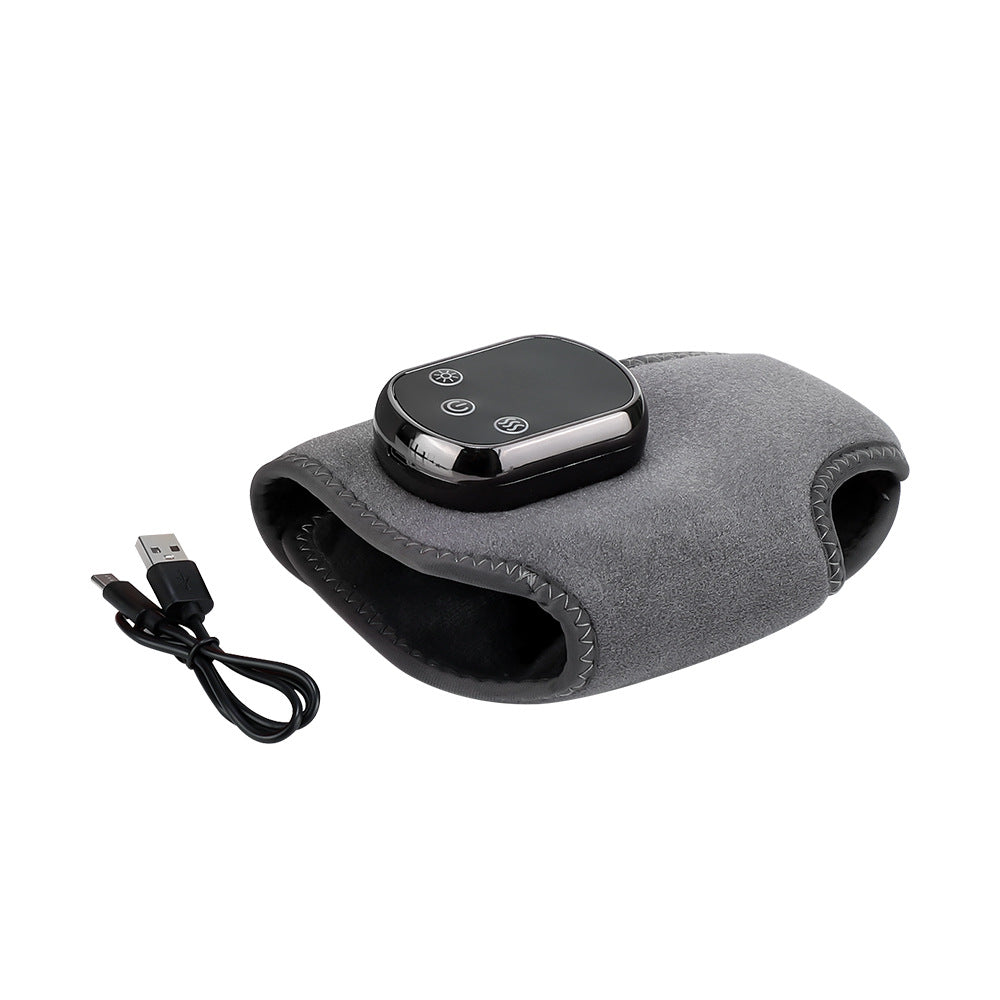 Gray heating pad with black control panel and USB cable on a white background