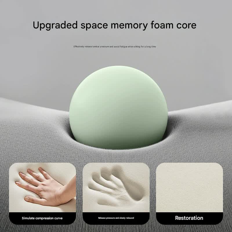 Green space memory foam core with compression curve, pressure release, and restoration illustrations on a gray background.