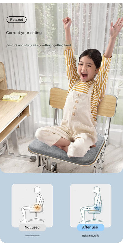Child sitting on a chair with correct posture, surrounded by educational graphics about proper sitting posture.