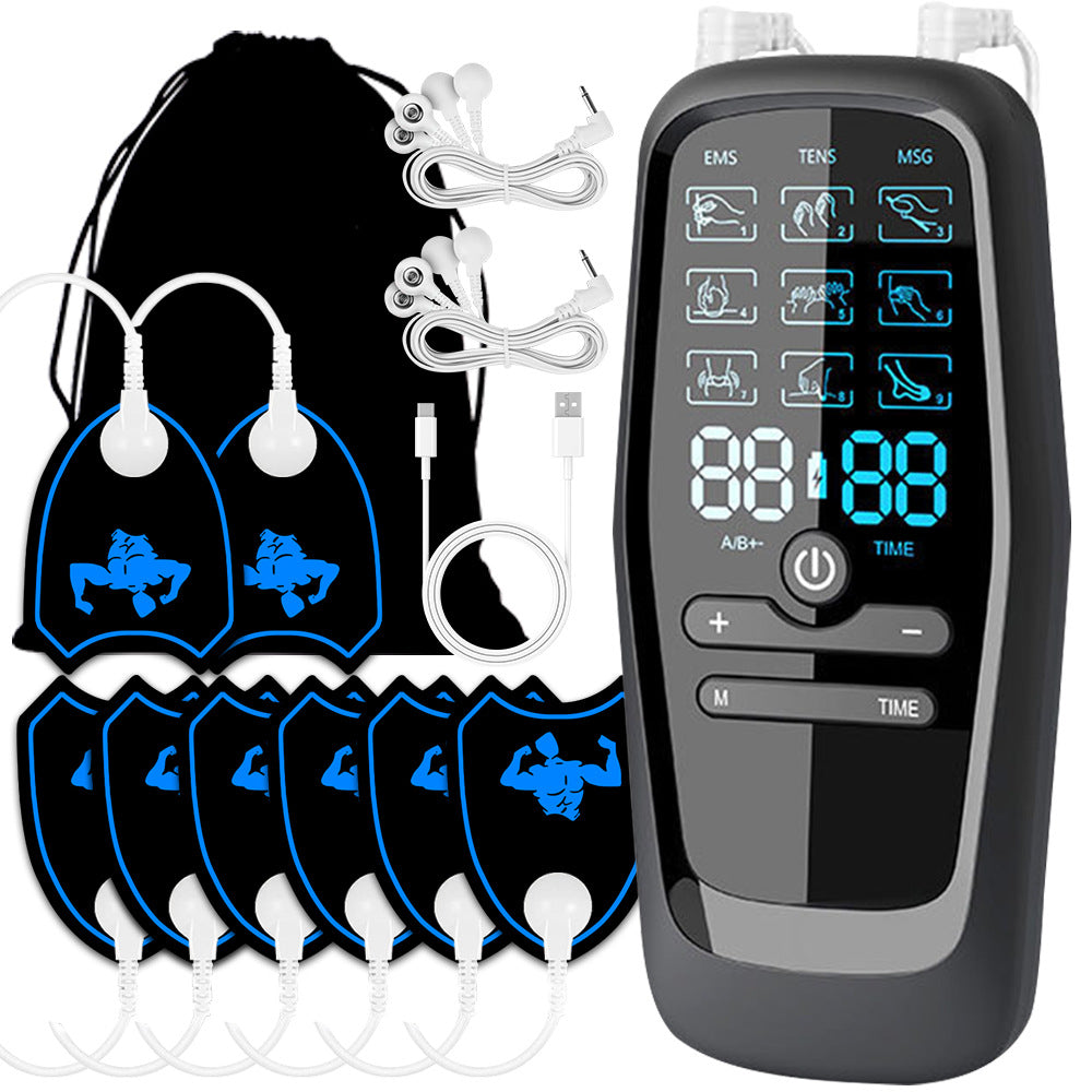 Electrotherapy device with digital display and electrodes on a white background
